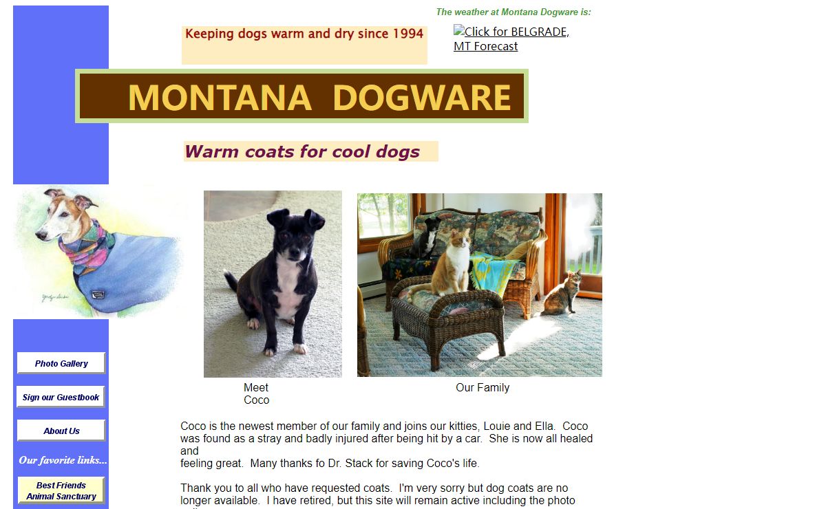Montana Dogware, Warm Coats for Cool Dogs! Cozy Fleece, Warm Waterproof and Reflective coats in sizes to fit most breeds of dogs. A warm winter coat or a lightweight sweater, we have three styles to please every pooch!