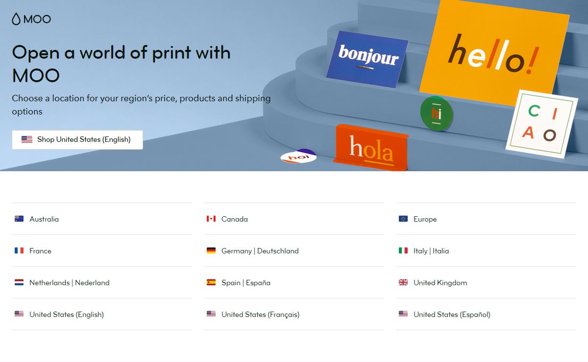 MOO Print Official Website Country Selector | MOO (United States)