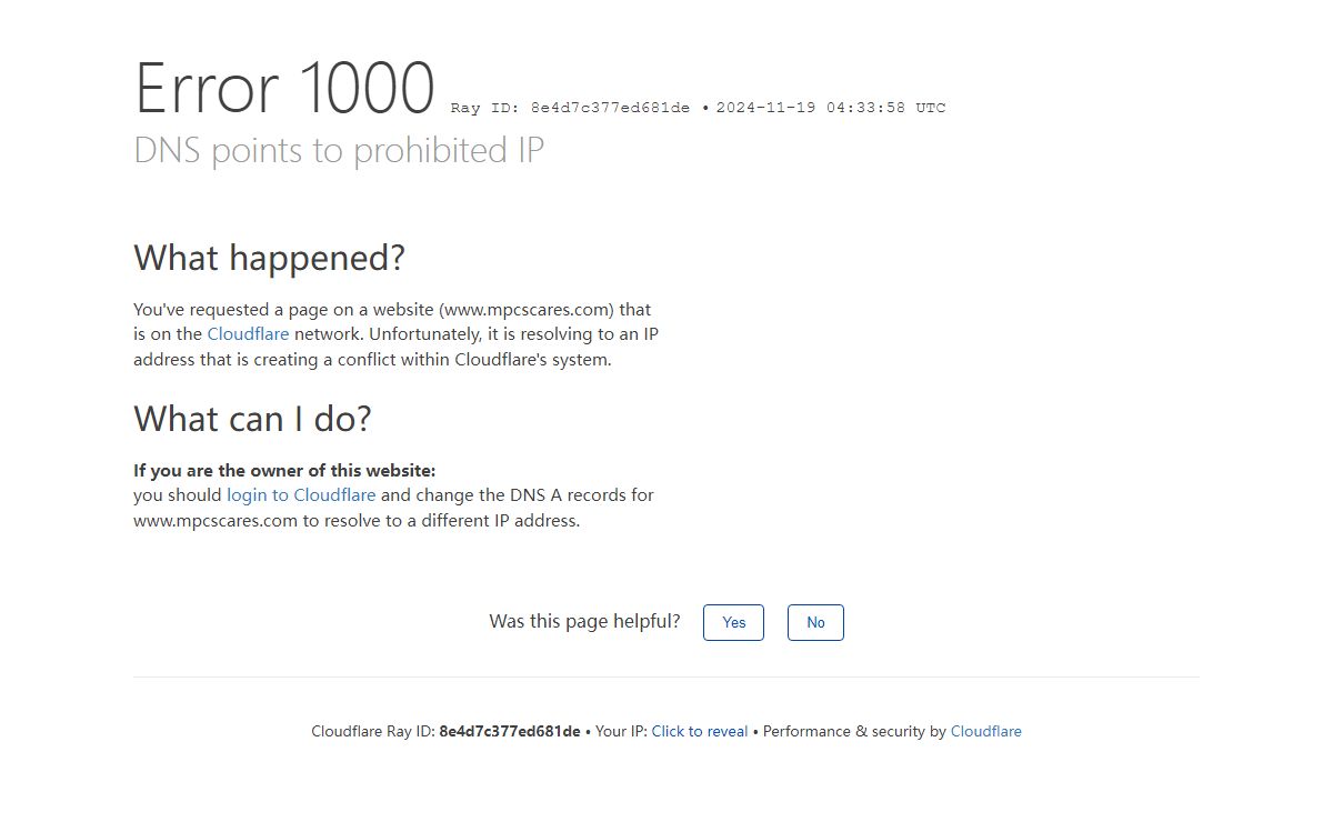 DNS points to prohibited IP | www.mpcscares.com | Cloudflare
