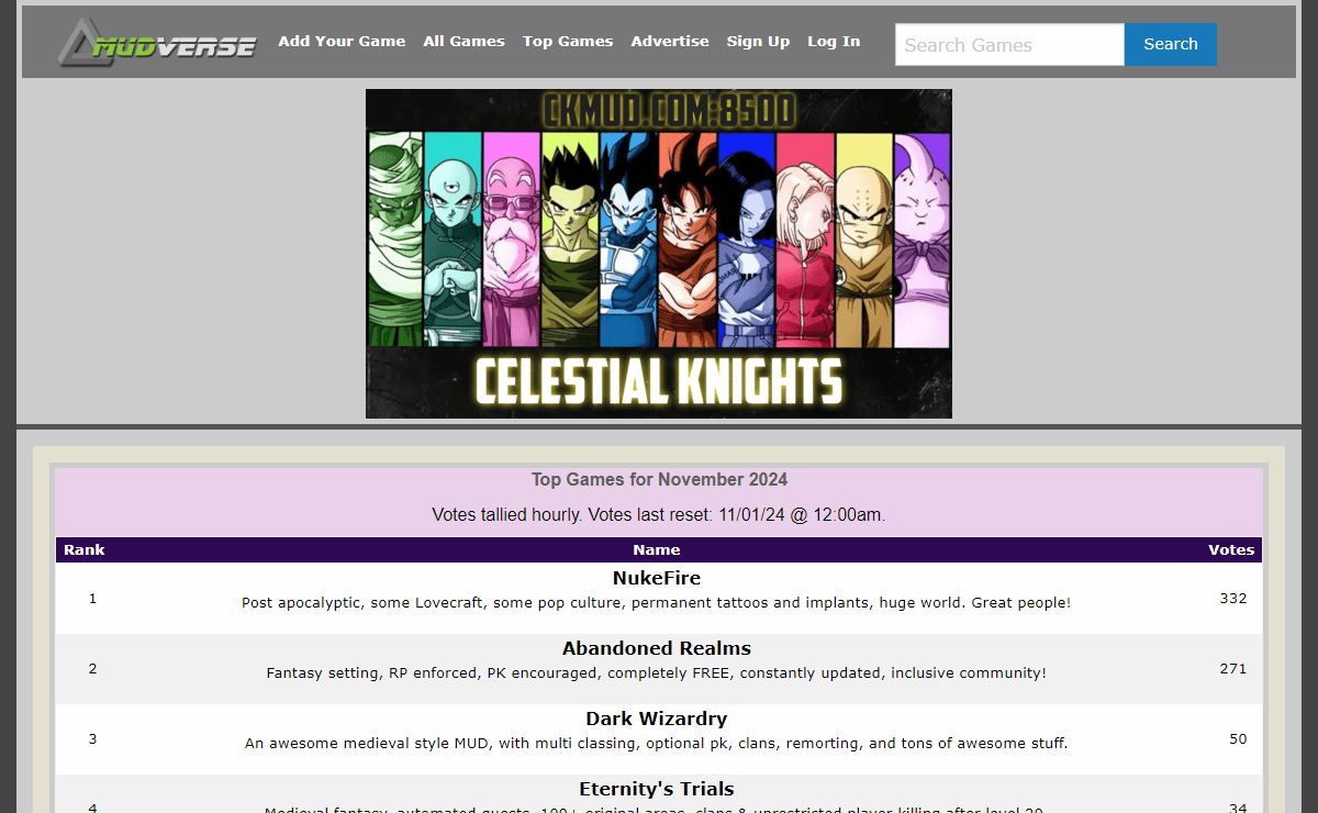 MudVerse - MUD and RPG directory, Mud Rankings, Reviews, List a Game