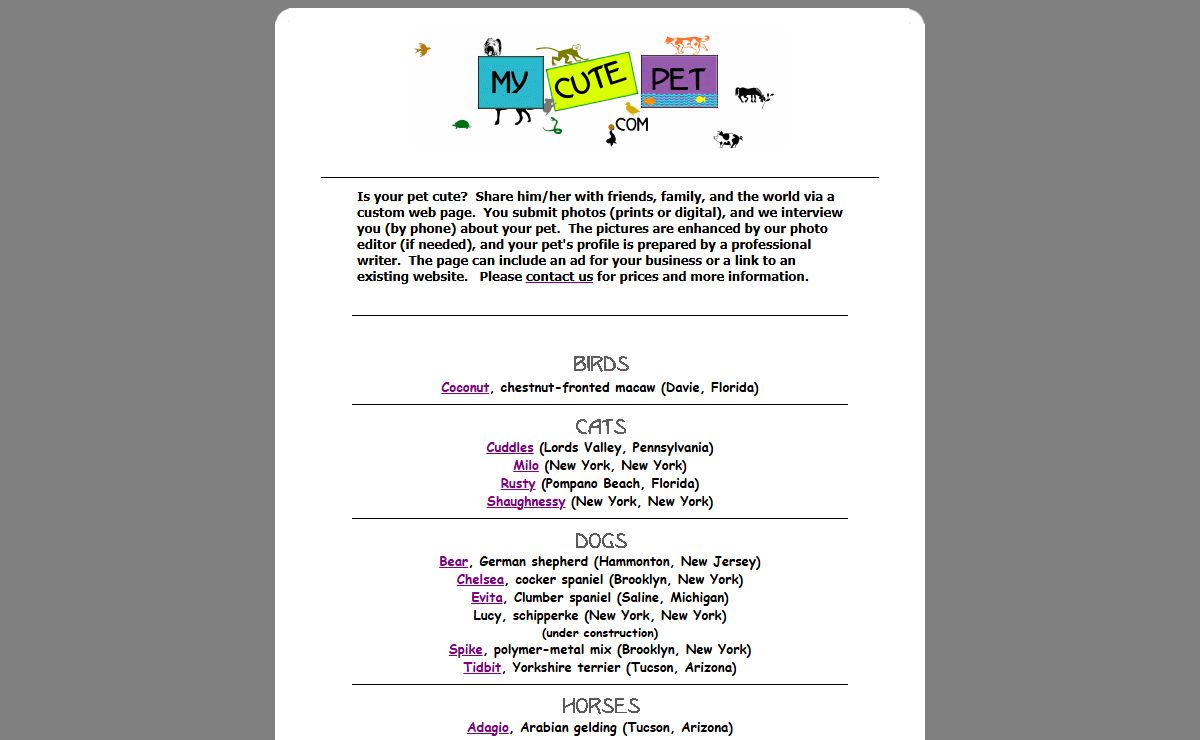 MyCutePet.com Your Pet's Very Own Place in Cyberspace