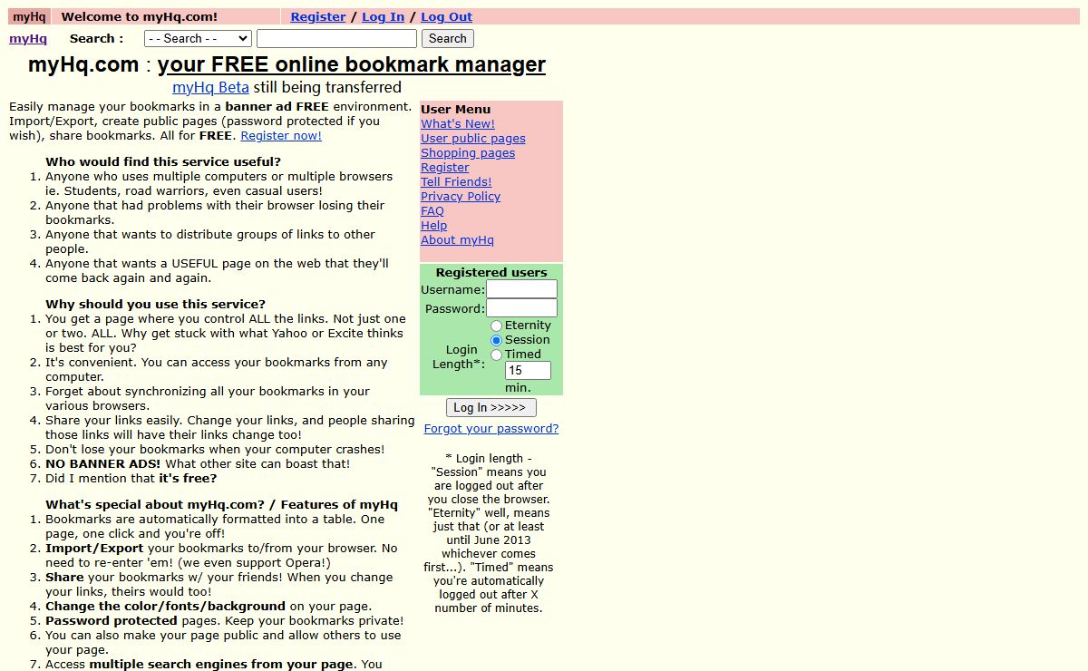 myHq : Fast, text based, banner free online bookmark manager