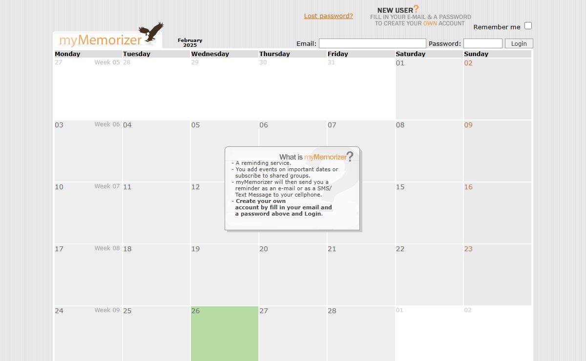 mymemorizer.com - Web calendar with e-mail and SMS/Text Message reminder alert service