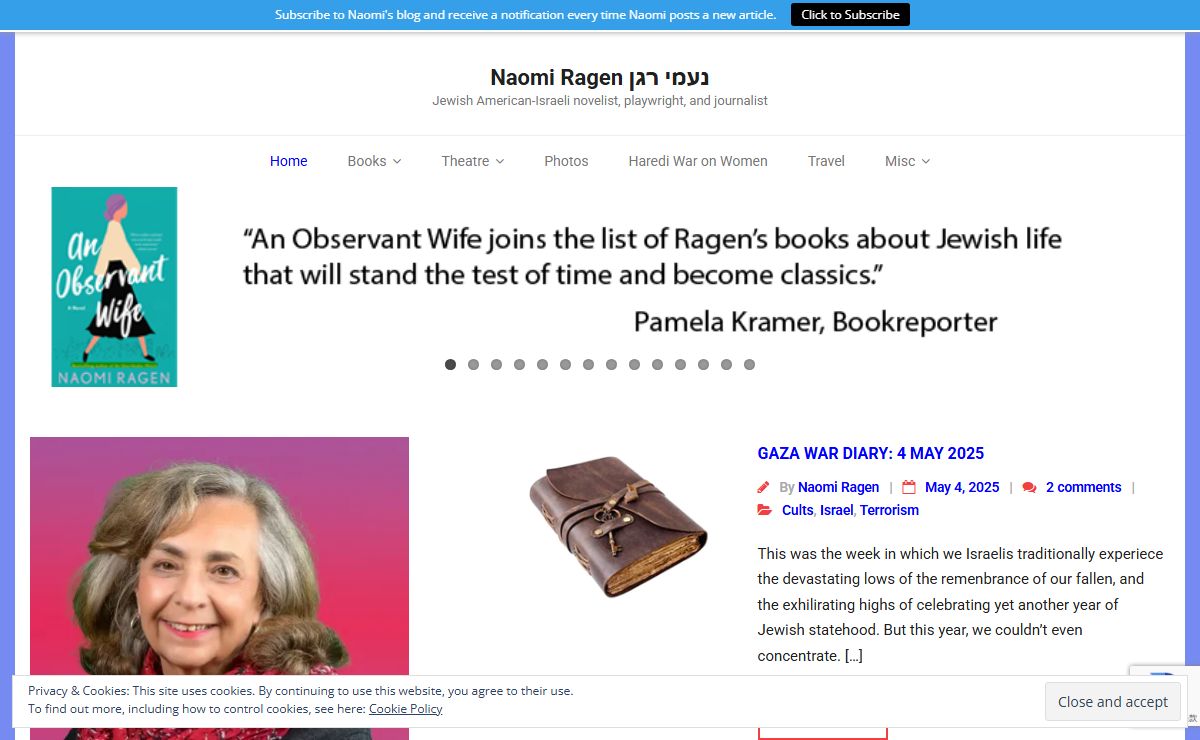 Naomi Ragen - Amerian-Israeli novelist, playwright and journalist