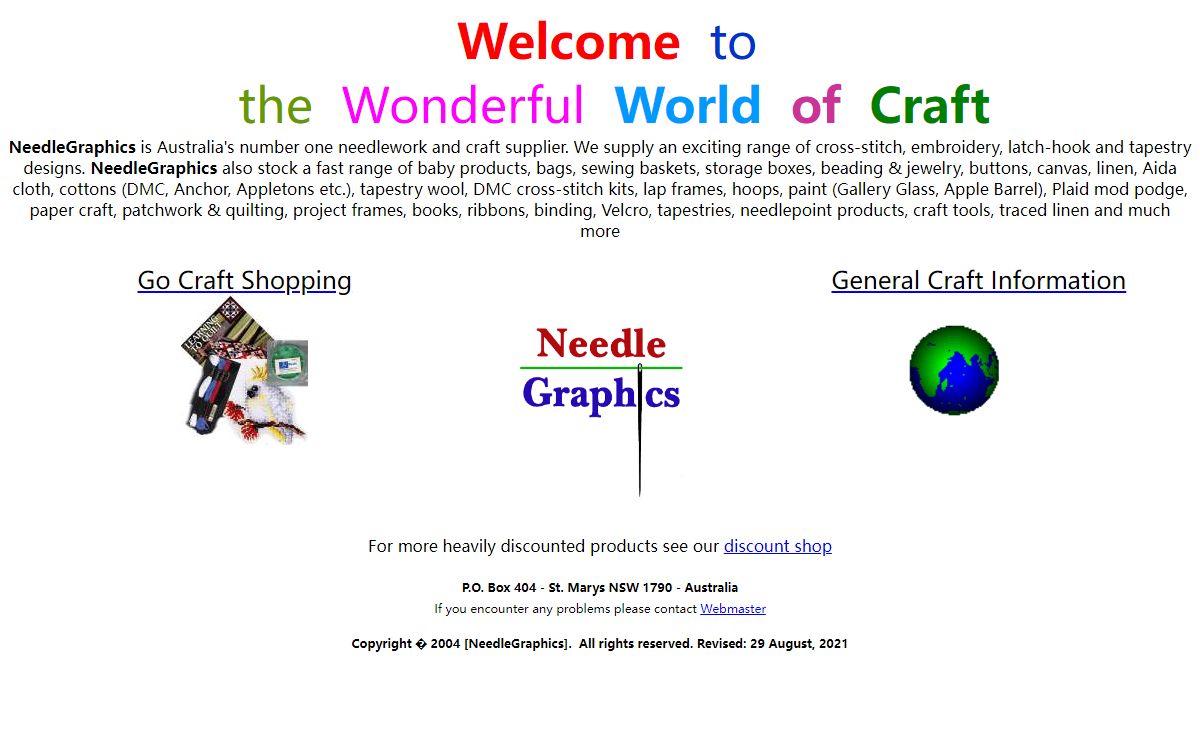 NeedleGraphics-Dowunder.com and Needlecraft.biz are Australia's number one craft suppliers. Thousands of craft-products, cross-stitch kits, long-stitch kits, tapestry, cross-stitch kits fort children, quilting to enjoy by needleworkers, crafters and other