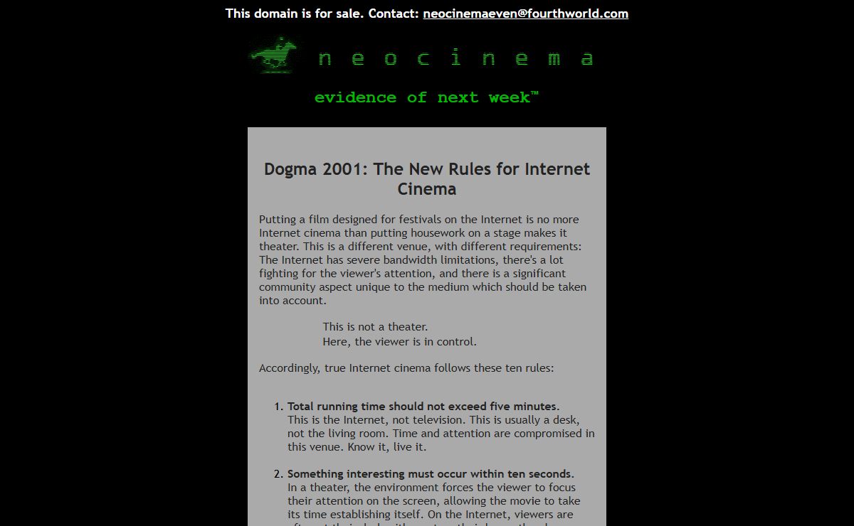 neocinema.com – Dogma 2001: The New Rules for Internet Cinema
