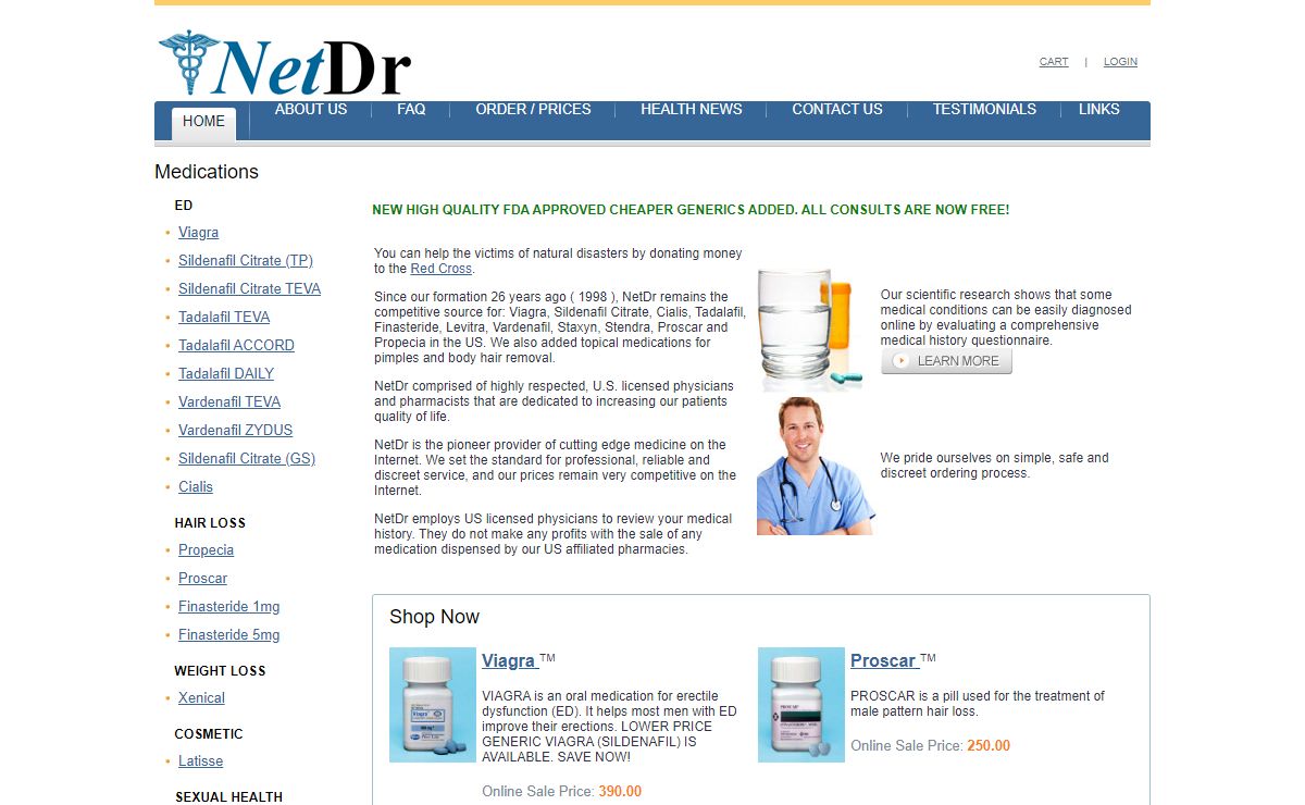 NetDr.com Since 1998 source for: Viagra [ sildenafil citrate ], Propecia/Proscar [ finasteride ], Cialis and Levitra.