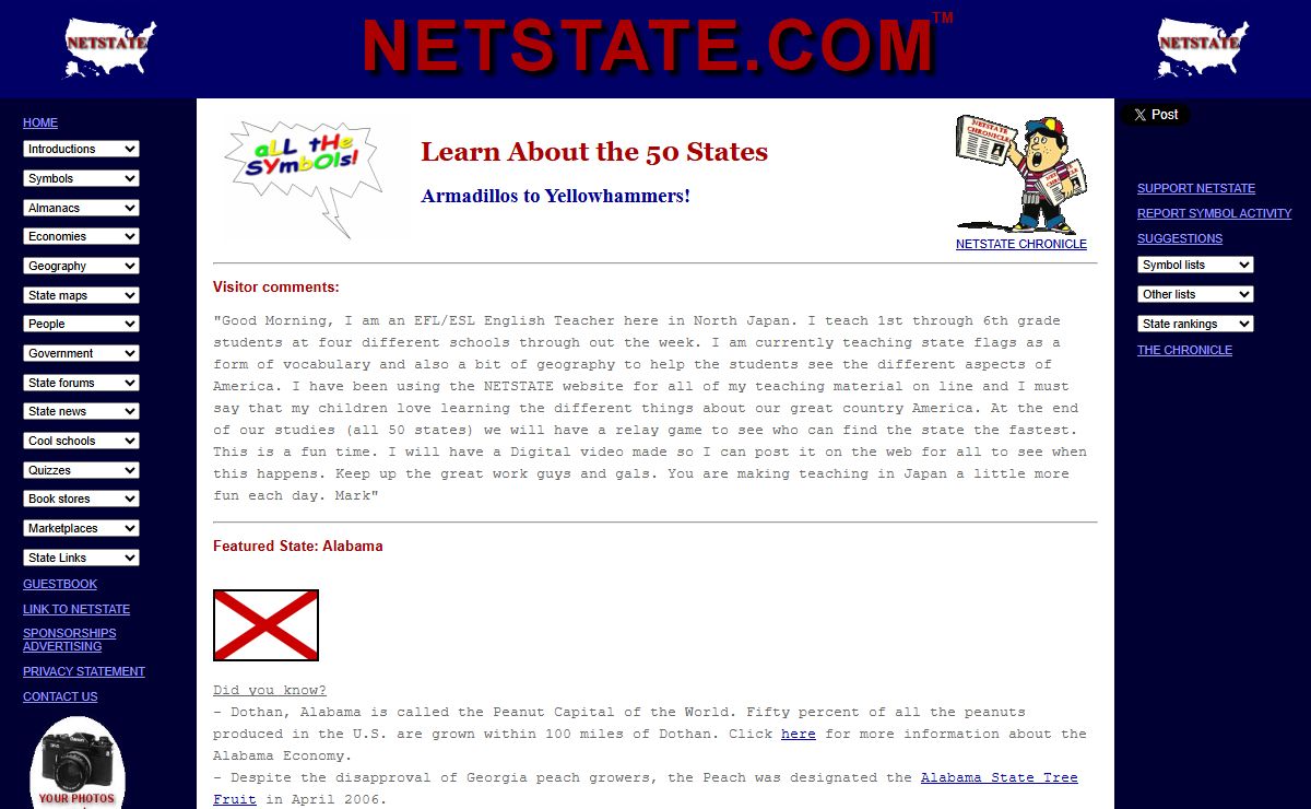 State Symbols, 50 State Capitals, Flags, Maps, Geography, Facts, Songs, History, Famous People from NETSTATE.COM