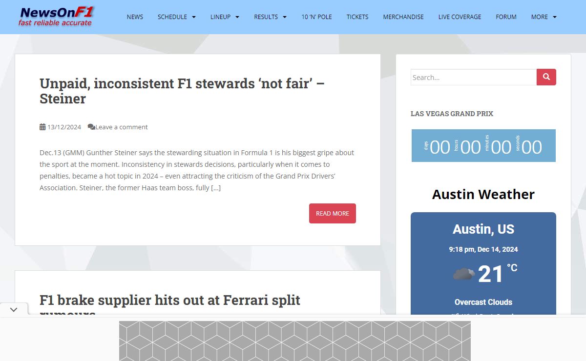 NewsOnF1 - The latest Formula 1 racing news, results, statistics, books, race information and analysis on the current and past Formula One racing seasons, the drivers, the cars and the teams. We also provide Formula 1 Merchandise, Tickets, Tours, Books, Videos and Games