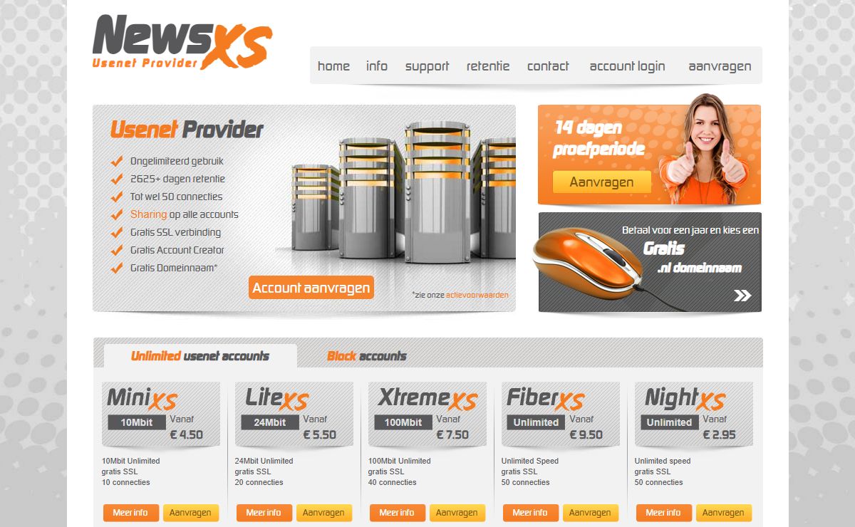 NewsXS - Usenet provider - 2625+ dagen retentie - gratis ssl en domeinnaam