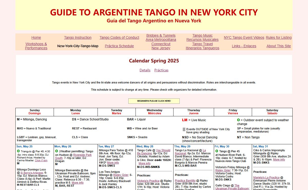 New York Tango calendar with classes, milongas, practicas, shows, music, shopping