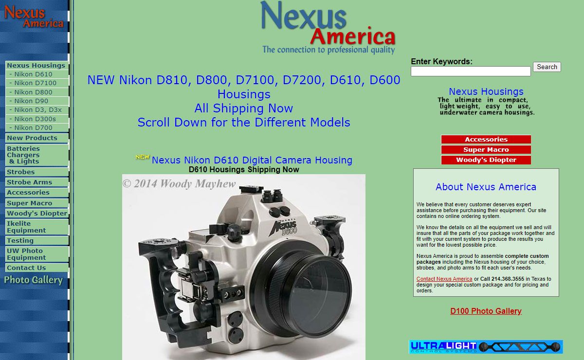 UNDERWATER CAMERA HOUSINGS,UNDERWATER CAMERAS,UNDERWATER PHOTOGRAPHY EQUIPMENT,BATTERY CHARGERS,NEXUS AMERICA,IKELITE,ULTRALIGHT,