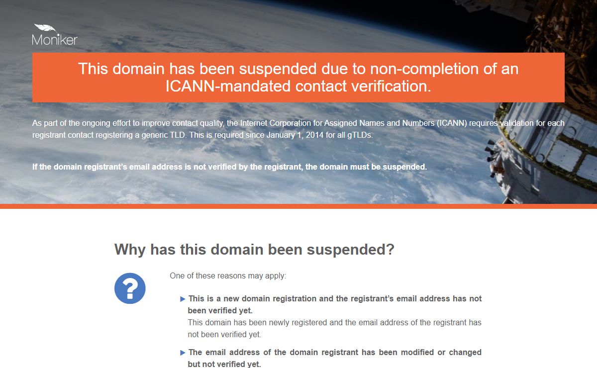 Moniker | Contact Verification Suspension Page