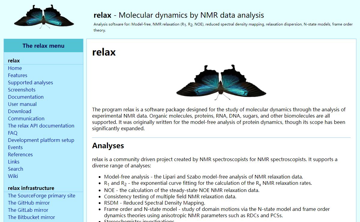 relax - NMR analysis software for: model-free, NMR relaxation (R1, R2, NOE), reduced spectral density mapping, N-state models, and frame order theory analyses.