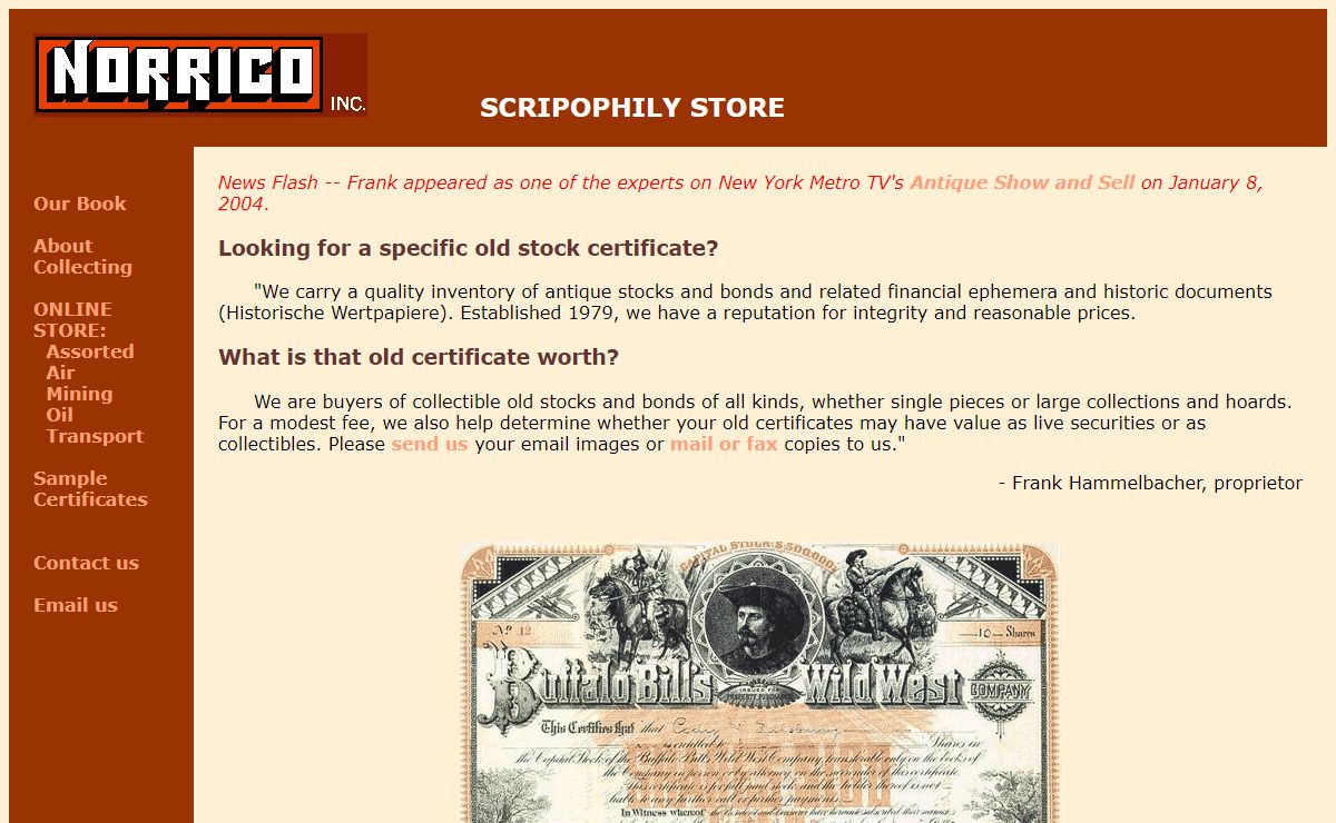 Old stock certificates - Scripophily store - NORRICO, Inc., Frank Hammelbacher, Scripophily dealer