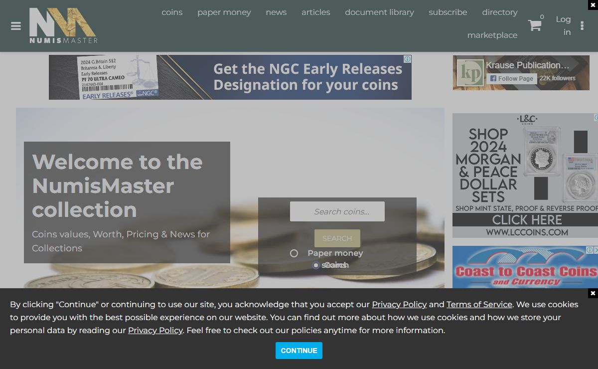 NumisMaster | Collector coin and paper money data and values and numismatic news since 1952.