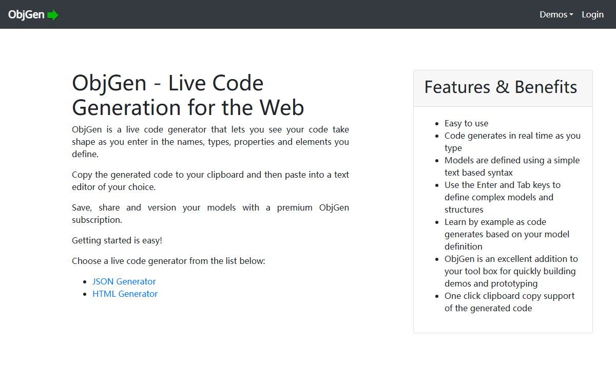 ObjGen - Live Code Generation for the Web