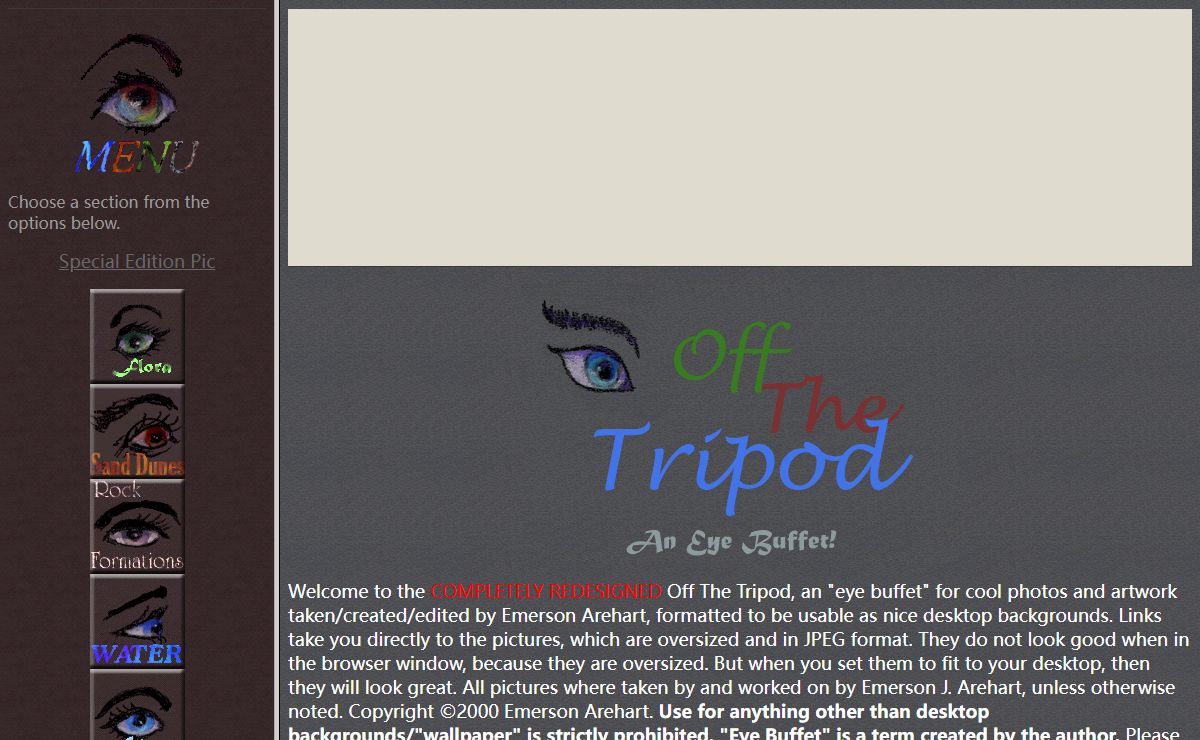***Completely Redesigned!!!*** OFF THE TRIPOD -- AN EYE BUFFET BY EMERSON AREHART