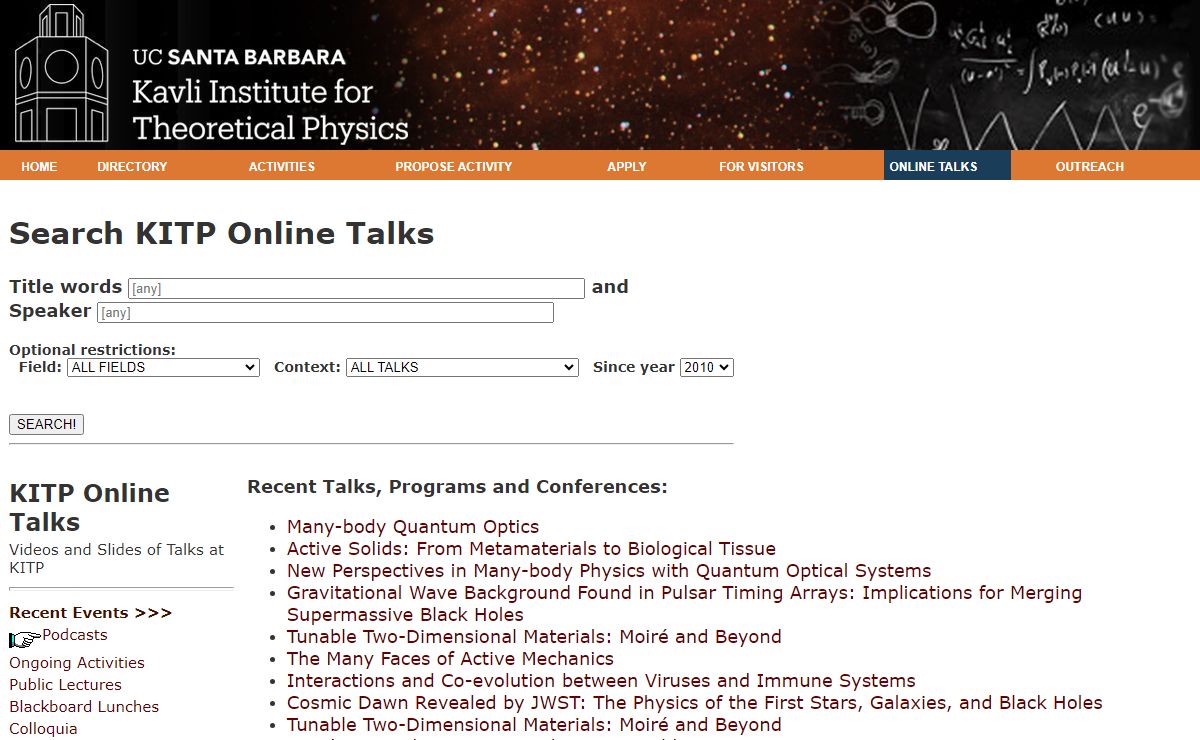 KITP Online Talks: Conferences, Lectures and Seminars