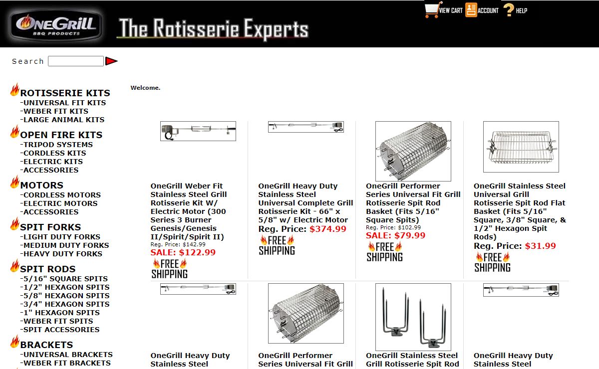 OneGrill - The Rotisserie Experts. Full selection of universal grill rotisserie kits, replacement rotisserie spit rods, rotisserie forks, rotisserie motors, rotisserie parts, and outdoor open fire rotisserie kits. Also featuring a large selection of large animal rotisserie products.