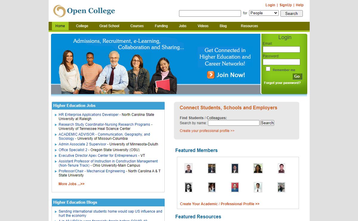 Open College - a college portal and social network for college admissions, recruitment and elearning in higher education.