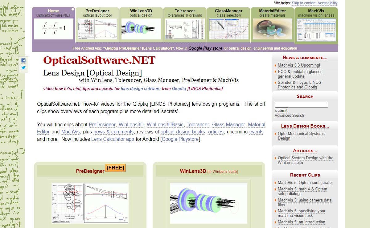 OpticalSoftware.NET - How To do lens design with WinLens [optical design software], Tolerancer, Glass Manager & PreDesigner, MachVis [lens calculator & nomogram]