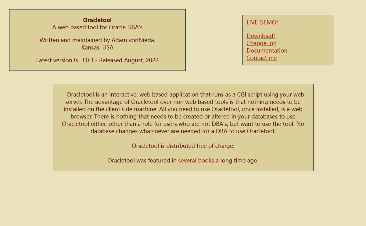 Home site of Oracletool, a free, web based Oracle DBA tool written in Perl