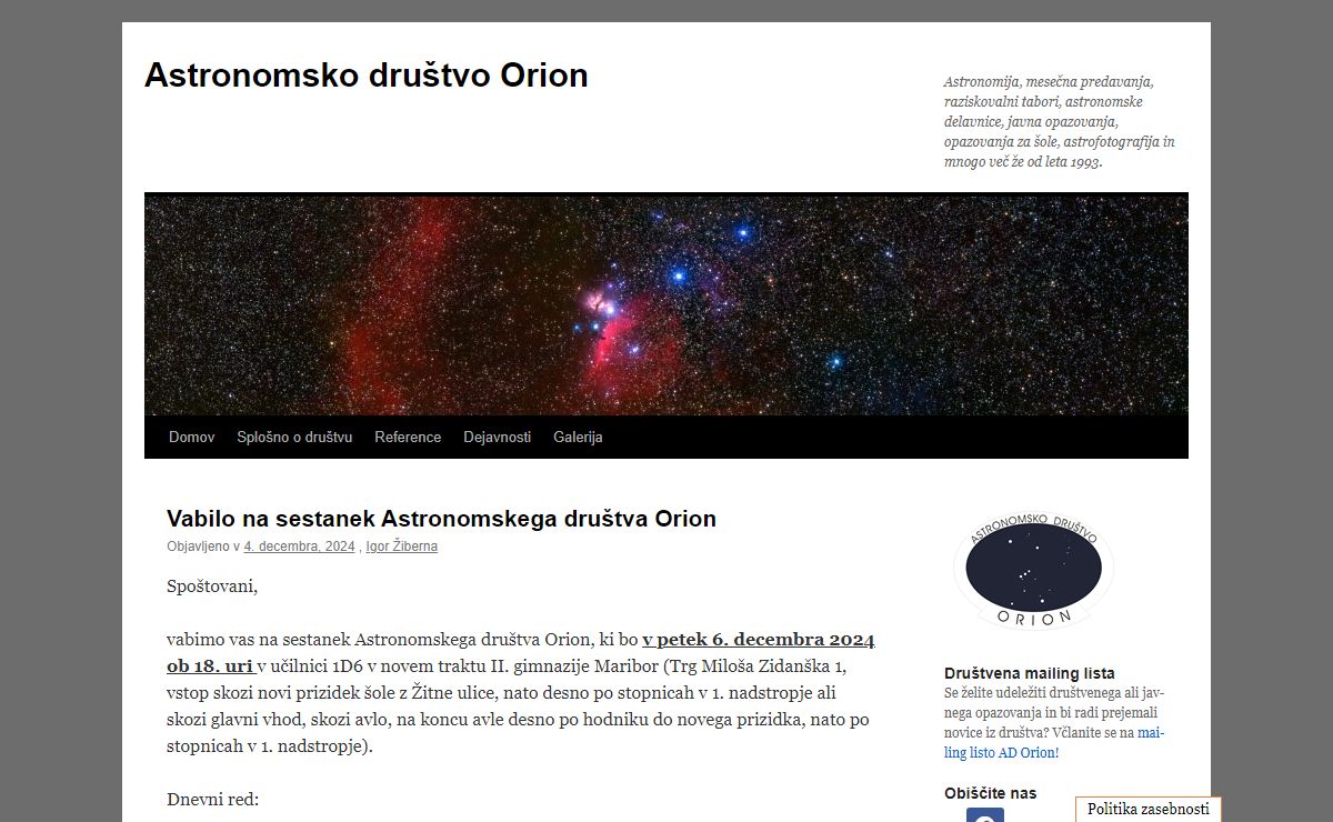 Astronomsko društvo Orion | Astronomija, mesečna predavanja, raziskovalni tabori, astronomske delavnice, javna opazovanja, opazovanja za šole, astrofotografija in mnogo več že od leta 1993.