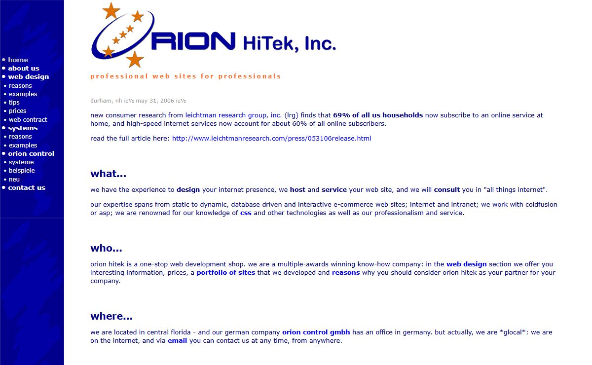 orion hitek, inc. - web design, hosting and consulting and pc based measuring and testing systems