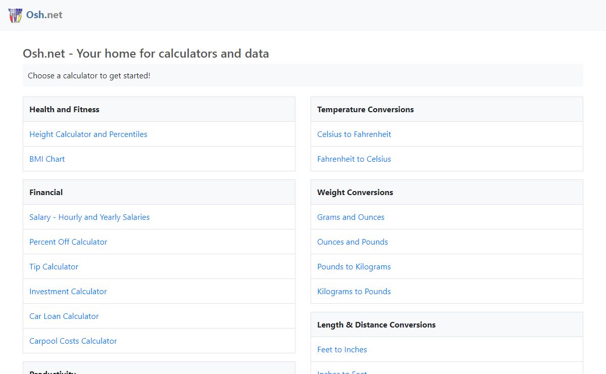 Calculators, data, and other helpful things - Osh.net