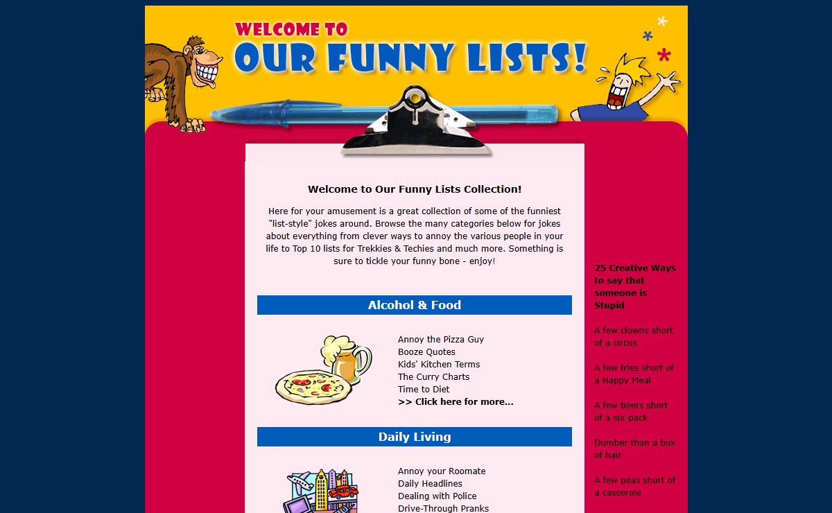 Funny joke list, lots of jokes, online humor, funny short story