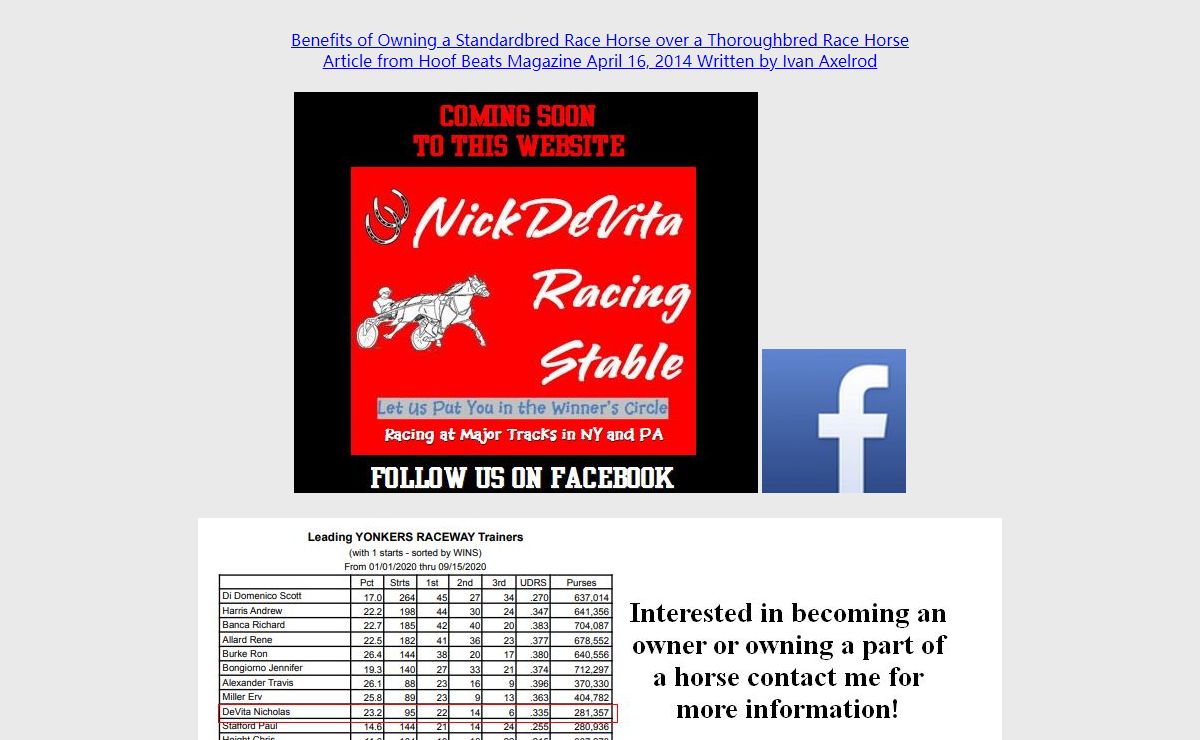 Nick DeVita Racing Stables Horse Racing Harness Racing Ownership and Partnerships Ownracehorses.com