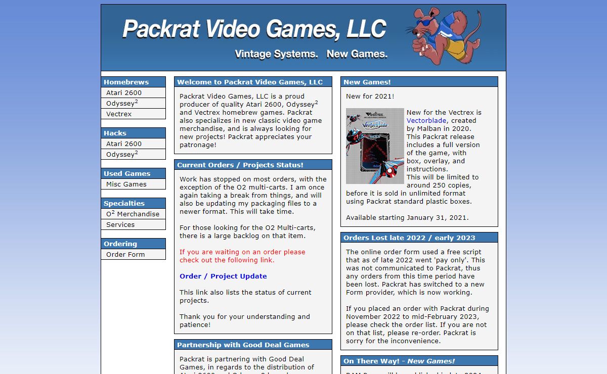 Packrat Video Games, LLC - Homebrew games for the Atari 2600, Odyssey2/Videopac, and Vectrex - Experienced, Dedicated, Passionate!