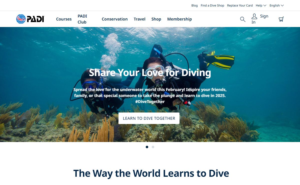 PADI Courses, Conservation, Membership, and Shop