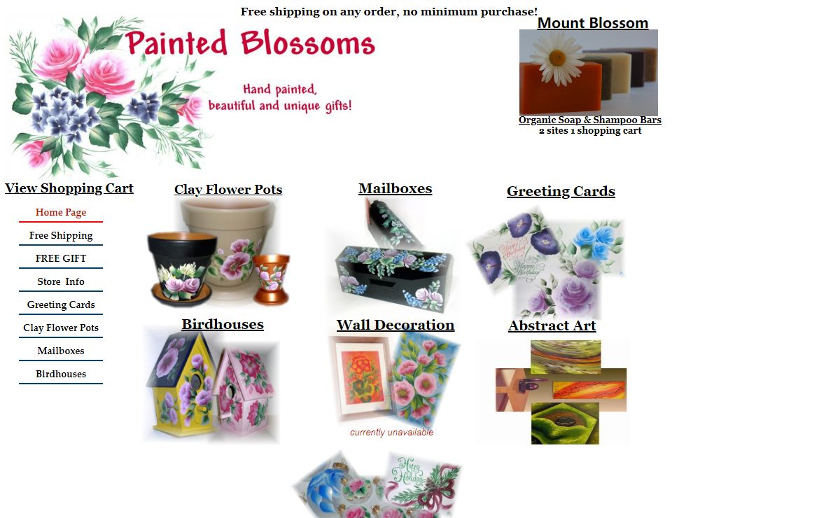 "Painted blossoms"-hand painted gifts, greeting cards, photo albums, birdhouses, flower pots, scrapbooks, kitchen items, mailboxes, wastebaskets, trash cans, bathroom decor, etc