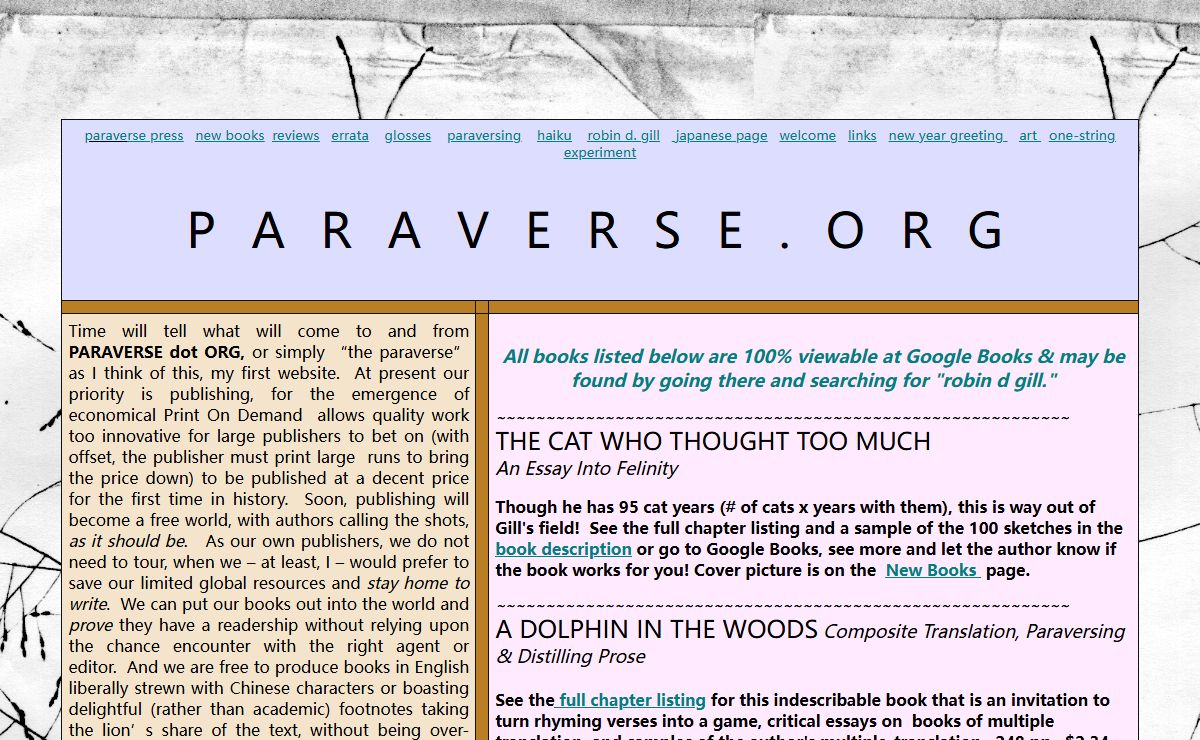 PARAVERSE. ORG  HOME  --  here find   paraverse press     new book   artwork   paraversing   haiku   robin d gill   links