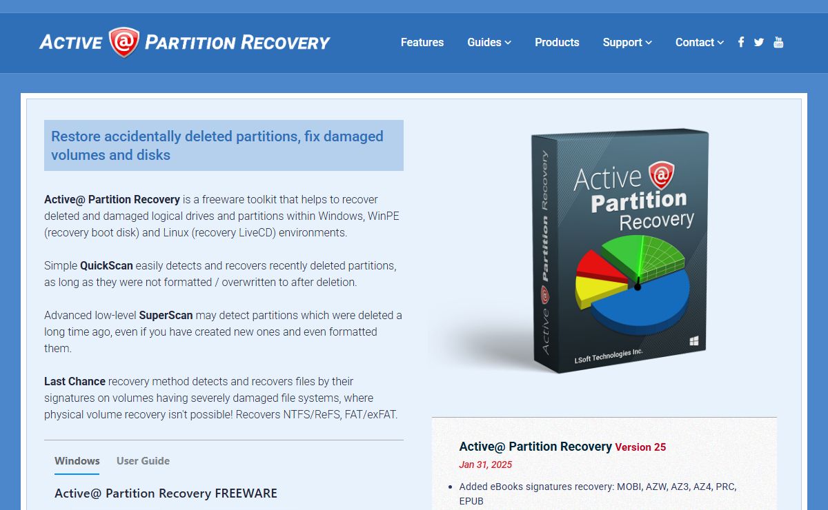 Active@ Partition Recovery restores deleted and damaged volumes and disks. Freeware Data Recovery Software Toolkit