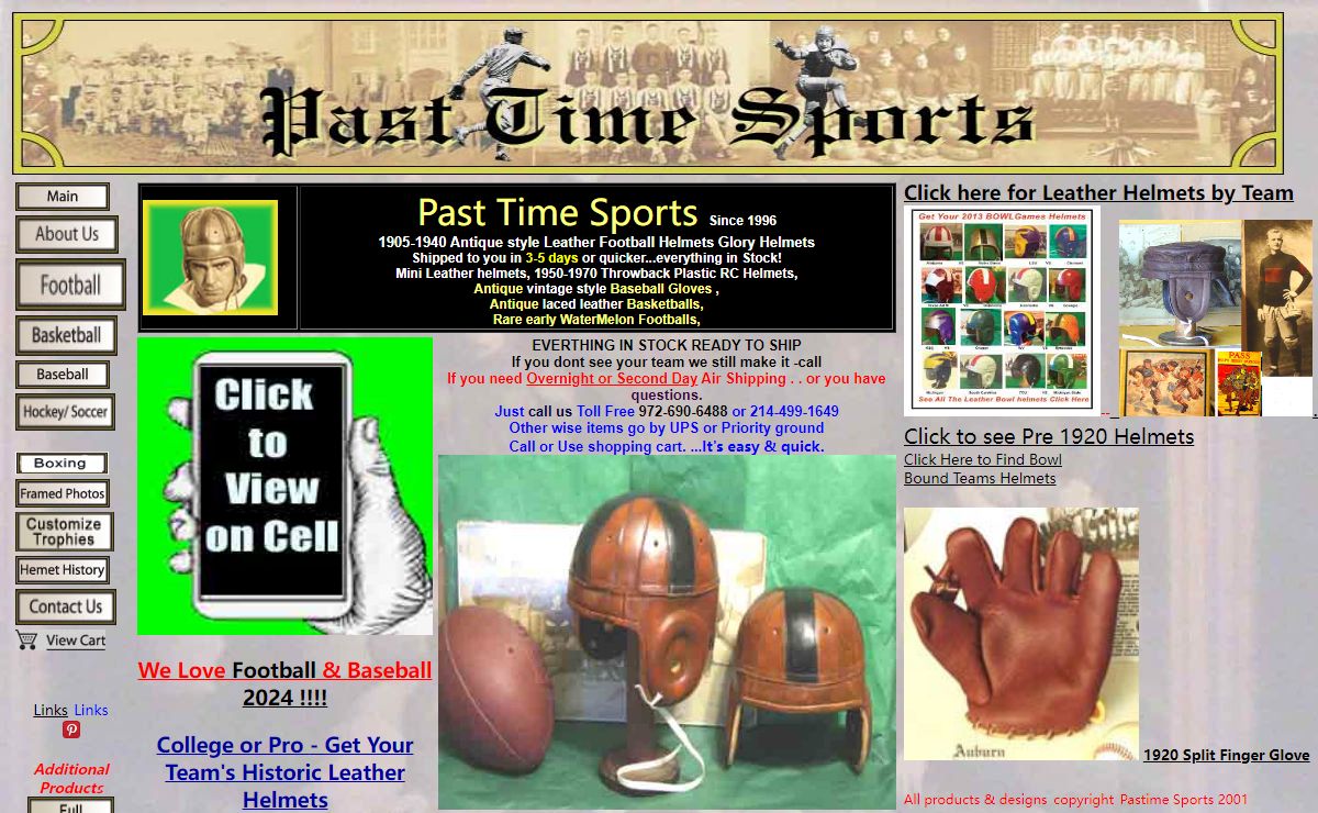 Past Time Sports makes leather football helmets, antique basketballs,Vintage boxing and soccer, vintage leather football helmets