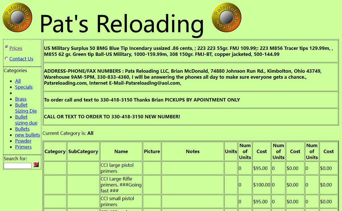 Pat's Reloading - Prices