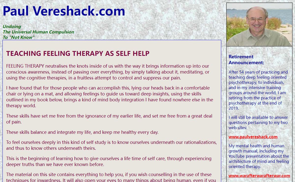 Paul Vereshack.com - Teaching feeling therapy as self-help for Emotional Health, Stress Management, Personal Growth, Depression and Anxiety