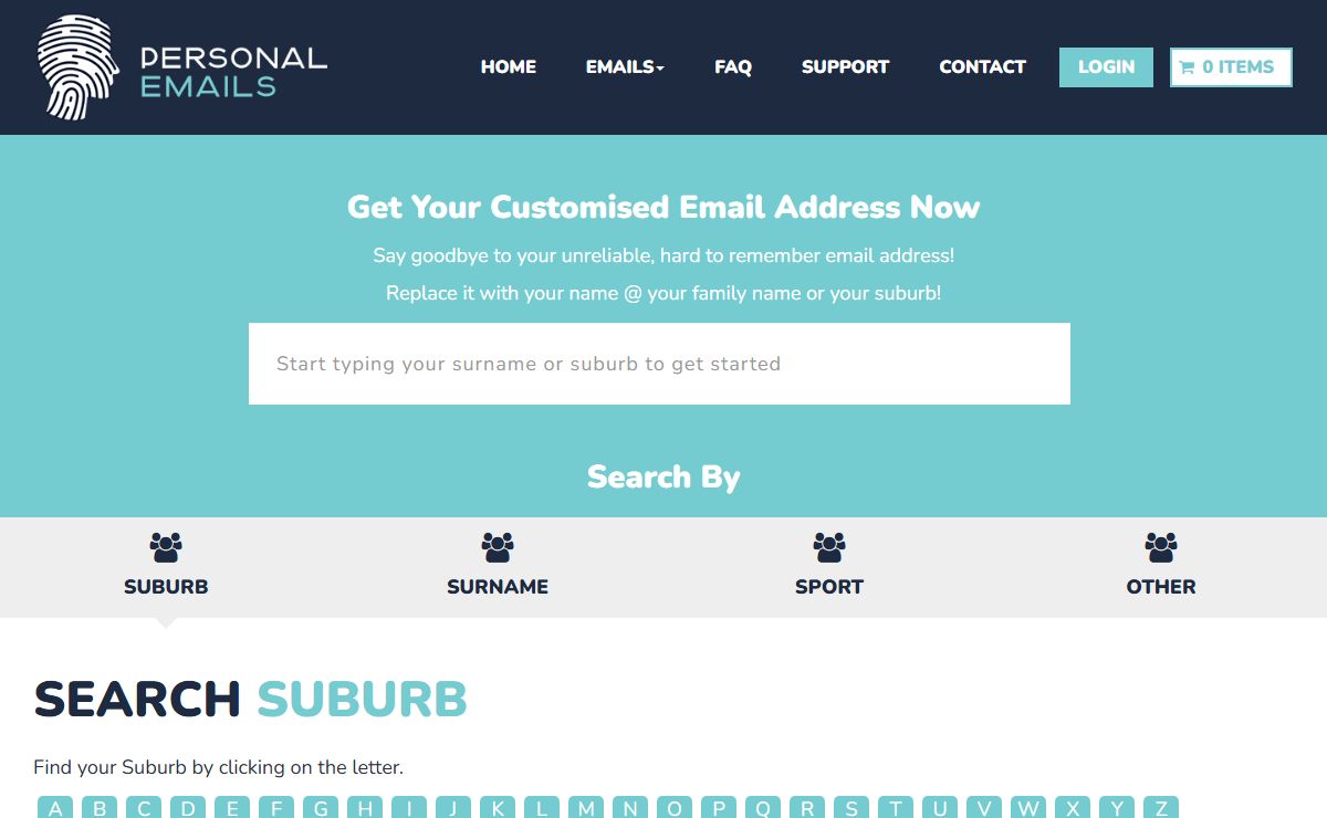 Personalised Emails - personalised email hosting service for Surnames and Suburbs