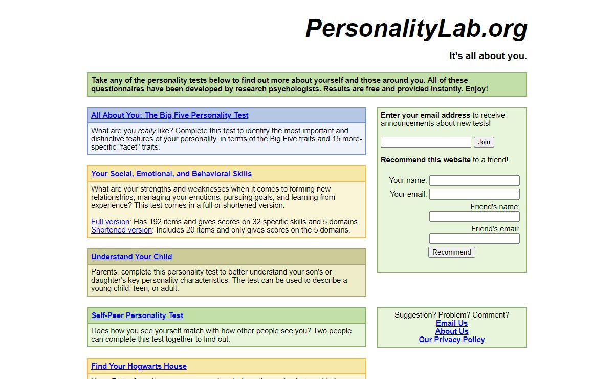 PersonalityLab - Online Personality Tests