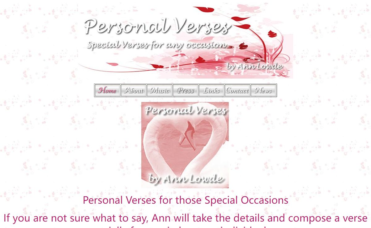 Personal Verses - Verses for any occasion - Personalised Verses and Poems written by Ann Lowde for Christmas, Births, Christenings, Birthdays, Weddings, Engagements, Retirement and Bereavement
