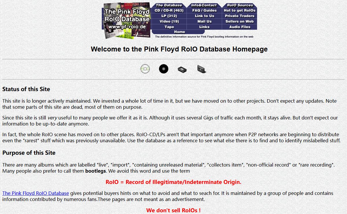Pink Floyd RoIO Database Homepage