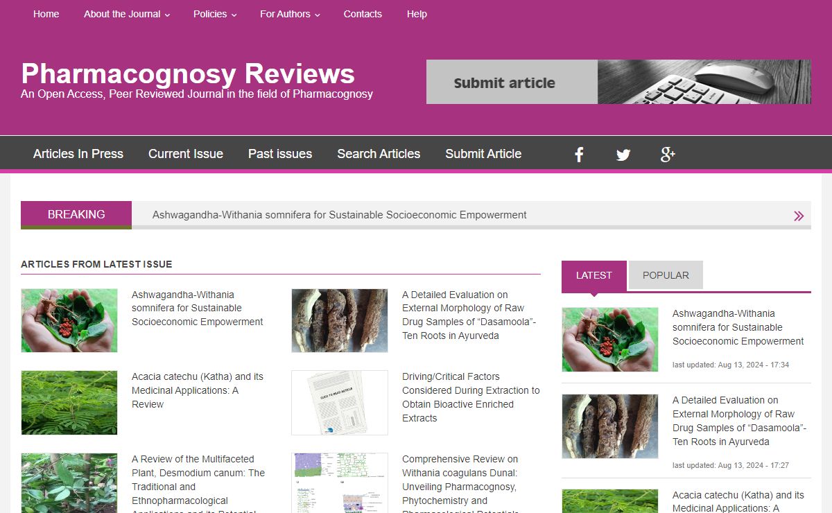 Pharmacognosy Reviews | An Open Access, Peer Reviewed Journal in the field of Pharmacognosy