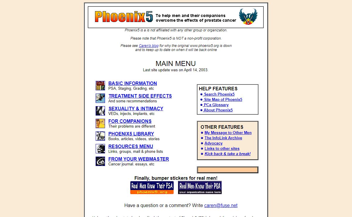 Phoenix5 Main Menu - men fighting prostate cancer