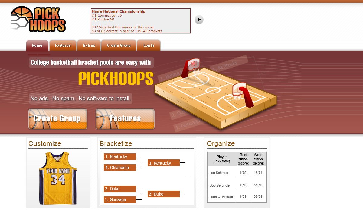 PickHoops.com - College basketball office pool bracket manager hoops software