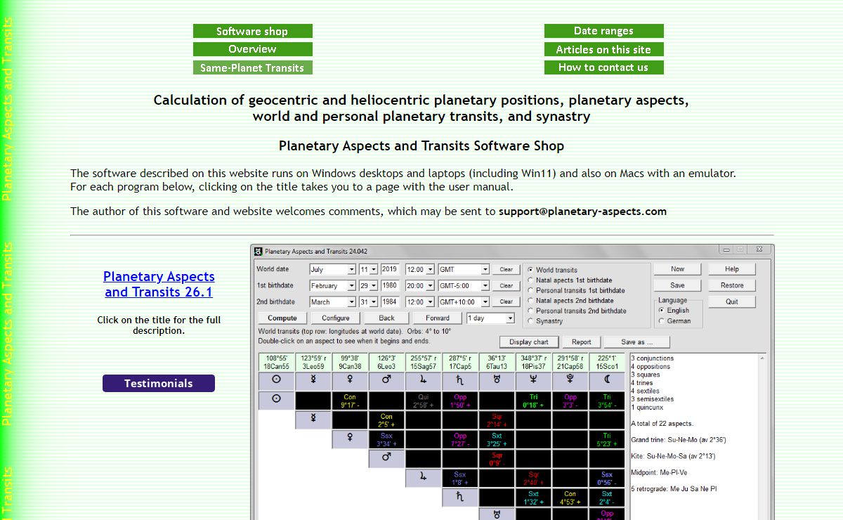 Planetary Aspects and Transits Software Shop