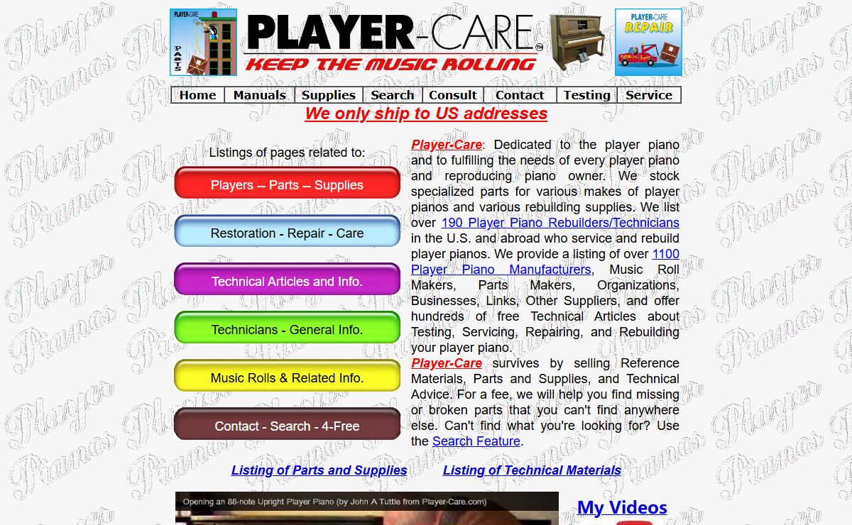 Player Piano Parts, Supplies, and Technical Information