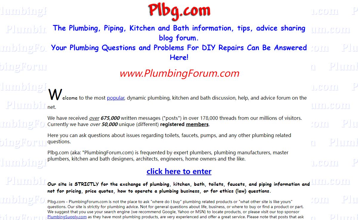 Plbg.com - Plumbing forum for problems, questions, repairs, remodeling and advice in a discussion forum style.